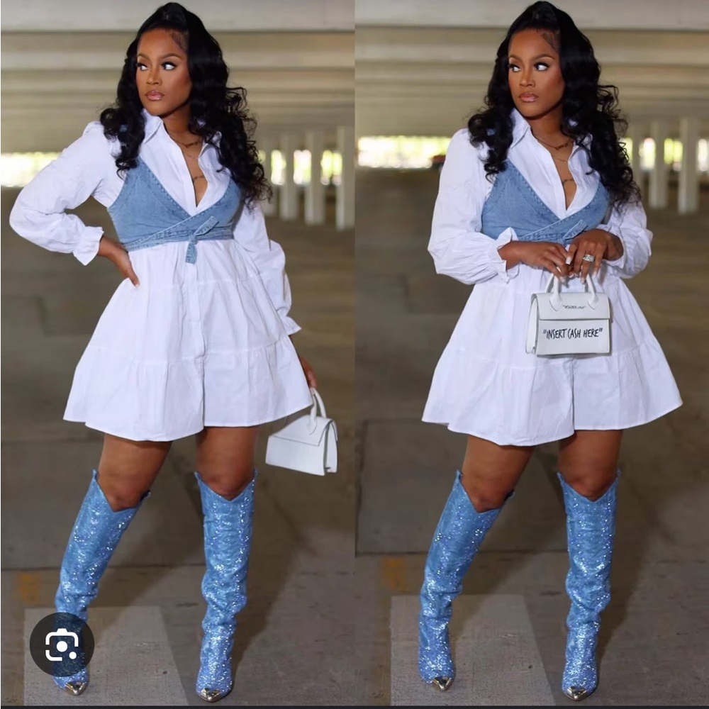 Cute 2 piece white dress denim crop top